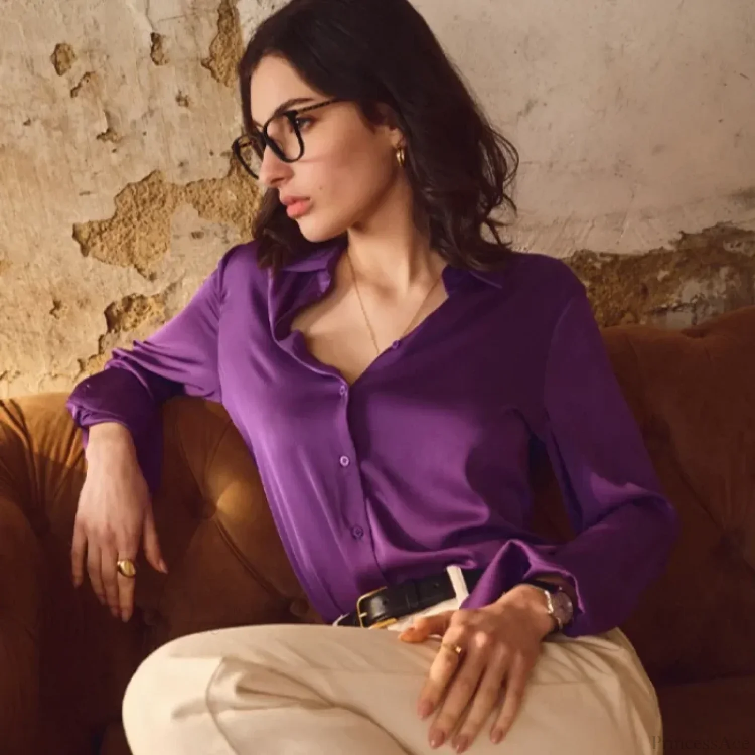 Satin Solid Long Sleeve Polo Neck Blouse - Image 2