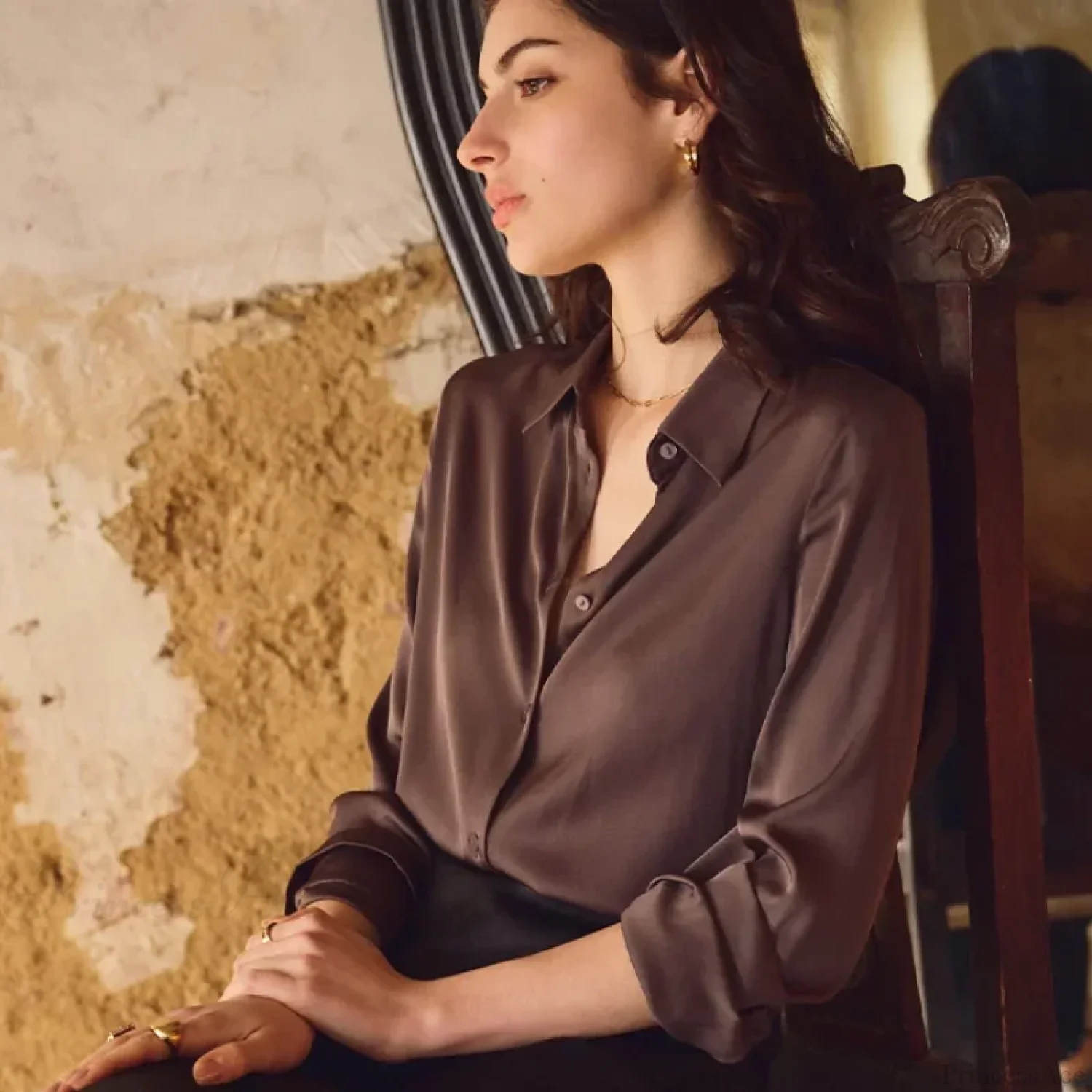 Satin Solid Long Sleeve Polo Neck Blouse - Image 3