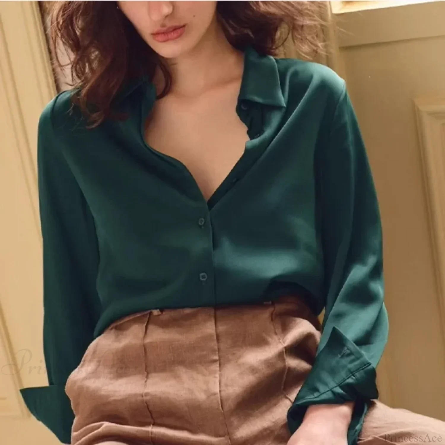 Satin Solid Long Sleeve Polo Neck Blouse - Image 4