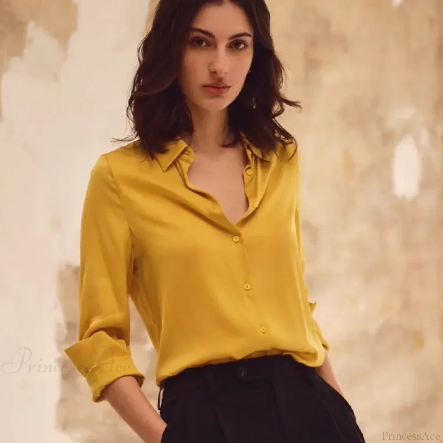 Satin Solid Long Sleeve Polo Neck Blouse - Image 5