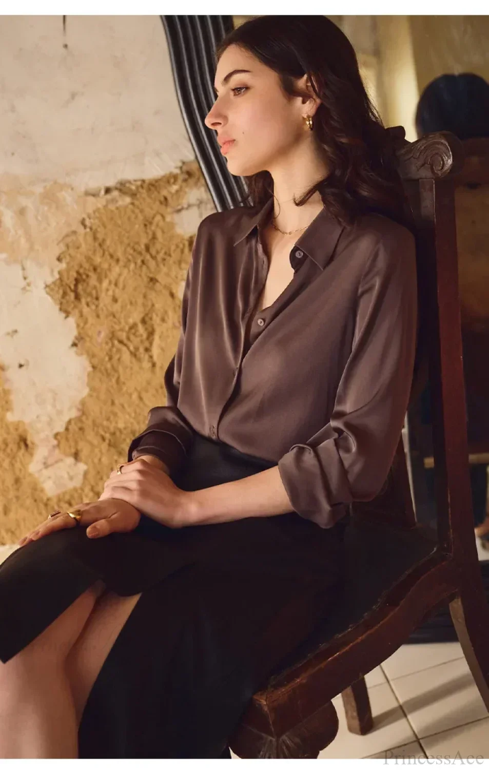 Satin Solid Long Sleeve Polo Neck Blouse - Image 6