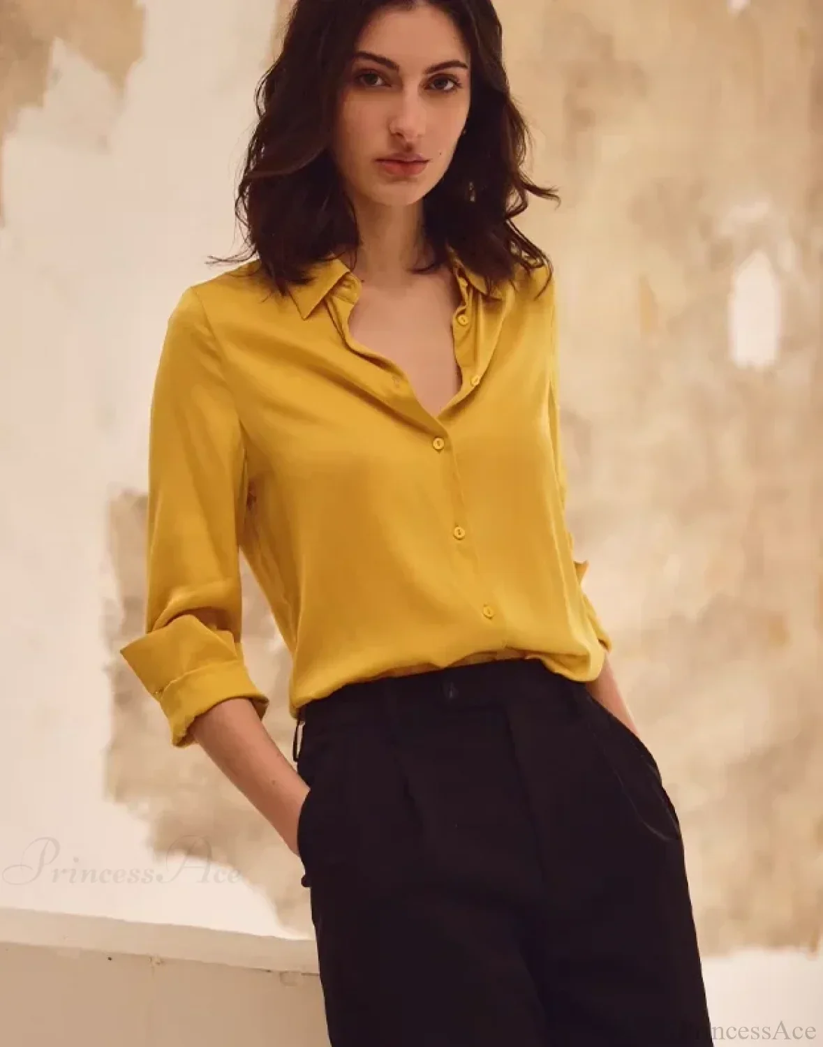 Satin Solid Long Sleeve Polo Neck Blouse - Image 9