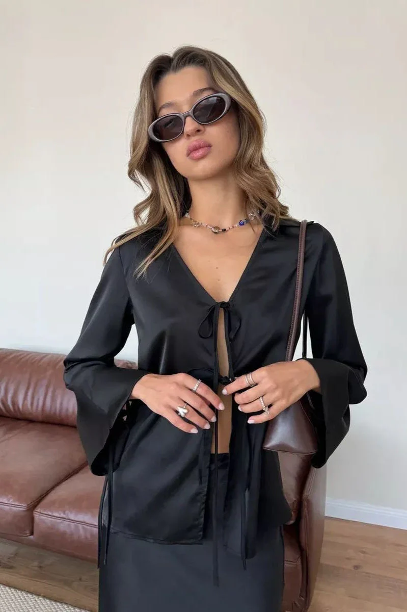 Satin Tie Front Fitted Blouse - Image 3