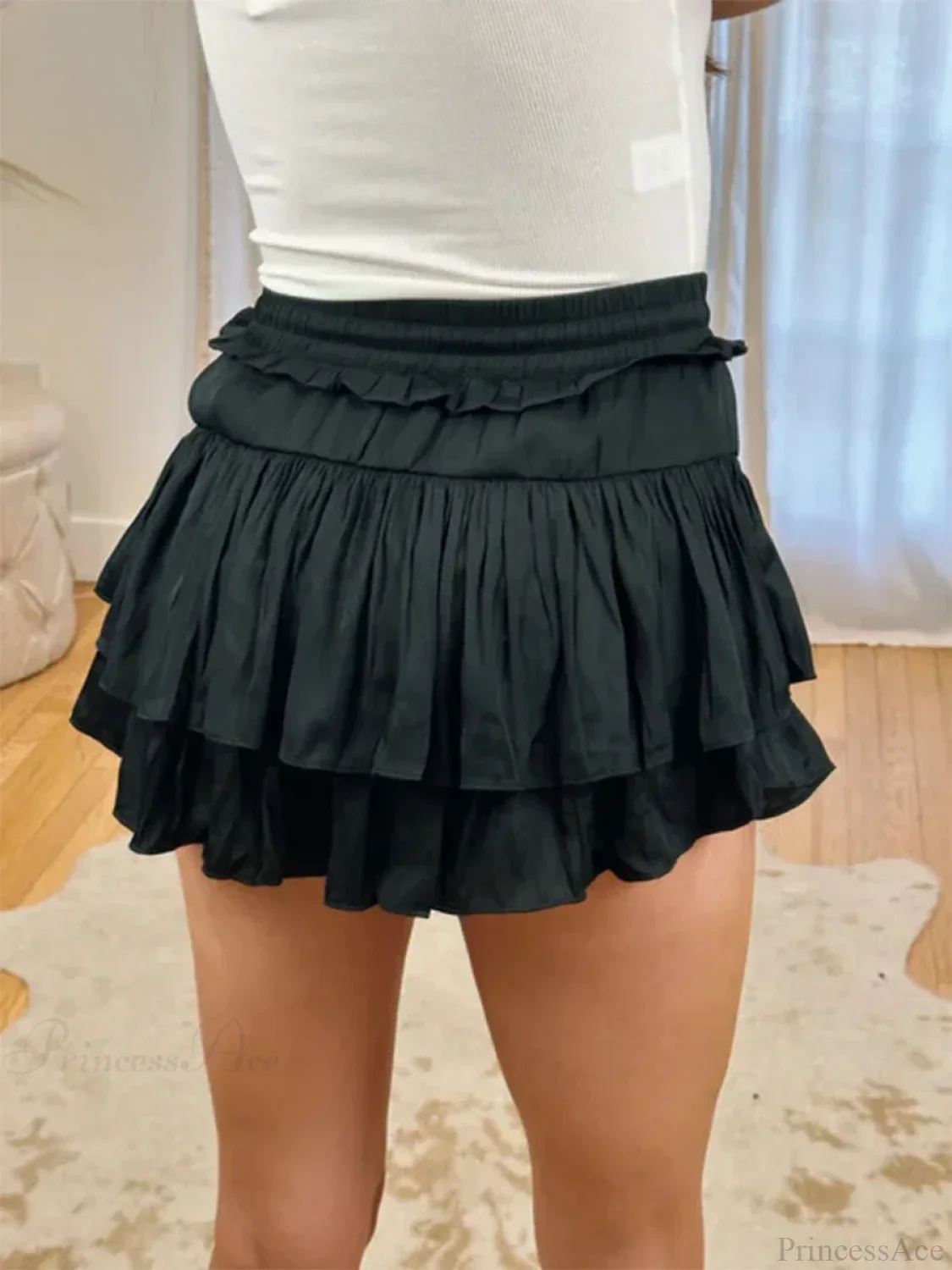 Satin Tiered Flared Pleated Skirt - Image 4