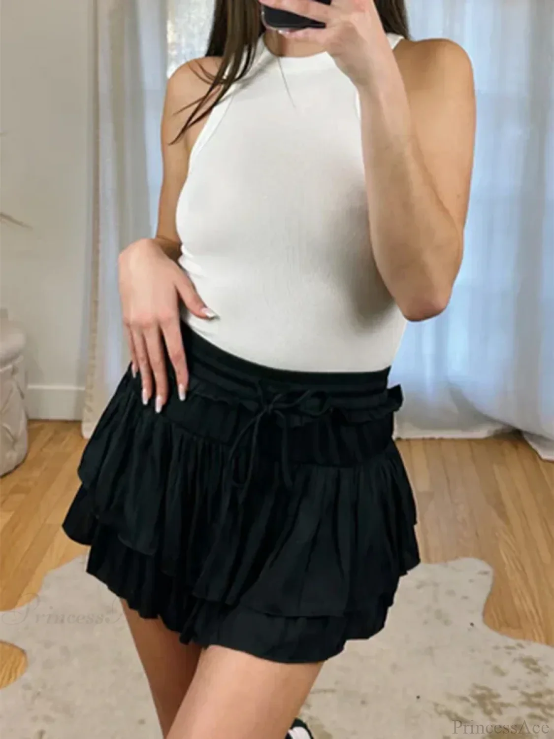 Satin Tiered Flared Pleated Skirt - Image 7