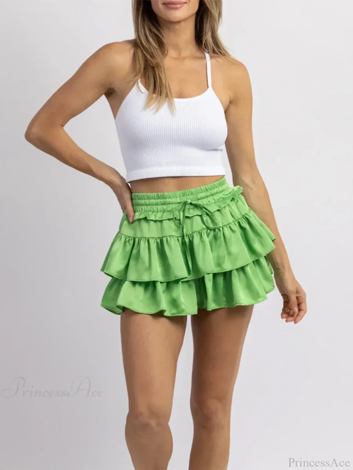 Satin Tiered Flared Pleated Skirt - Image 9
