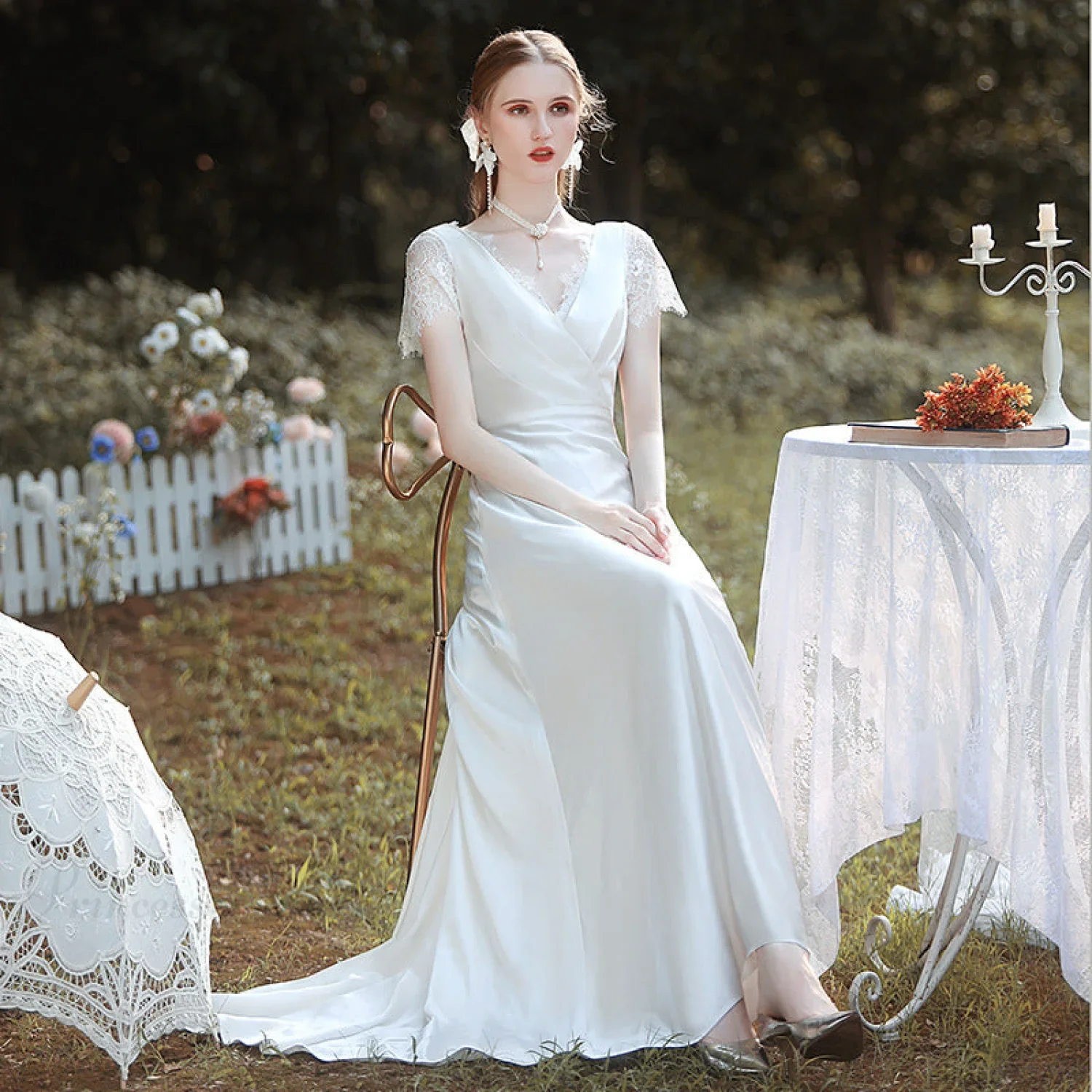 Satin V-Neck Lace Wedding Dress - Image 2
