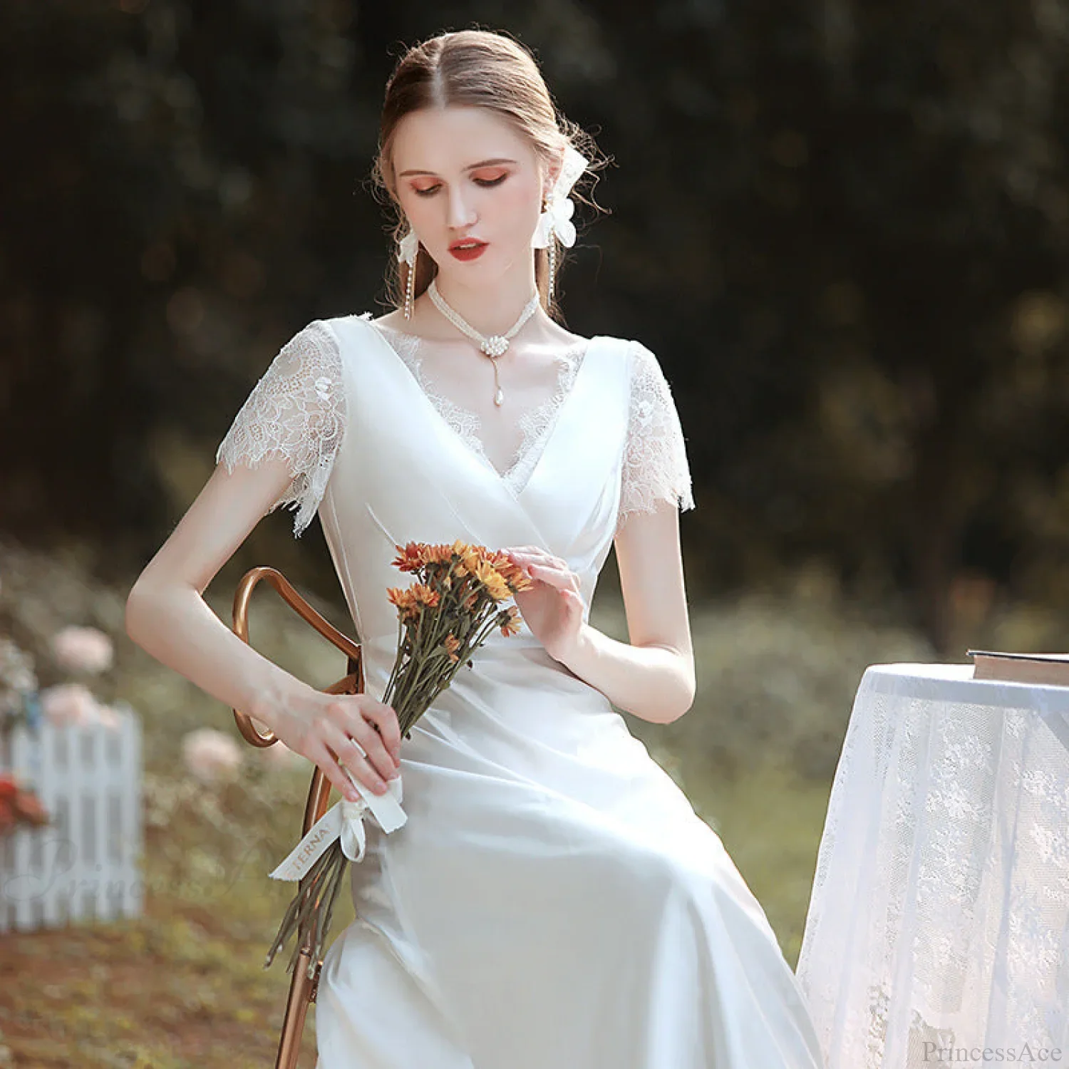 Satin V-Neck Lace Wedding Dress - Image 3