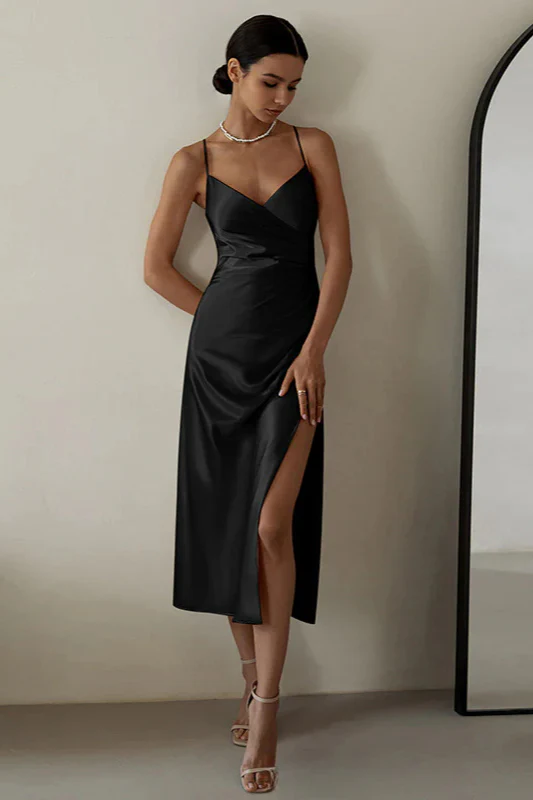 Satin V-Neck Ruched Waist Cami Bodycon Maxi Dress
