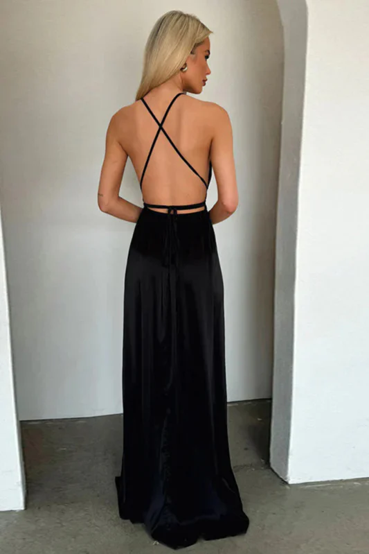 Satin V-Neck Waist-Cinching Split Dress Party Dress - Image 6