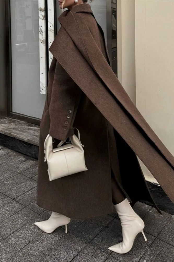 Scarf Collar Extra-Long Woolen Overcoat