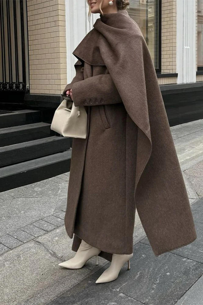 Scarf Collar Extra-Long Woolen Overcoat - Image 3