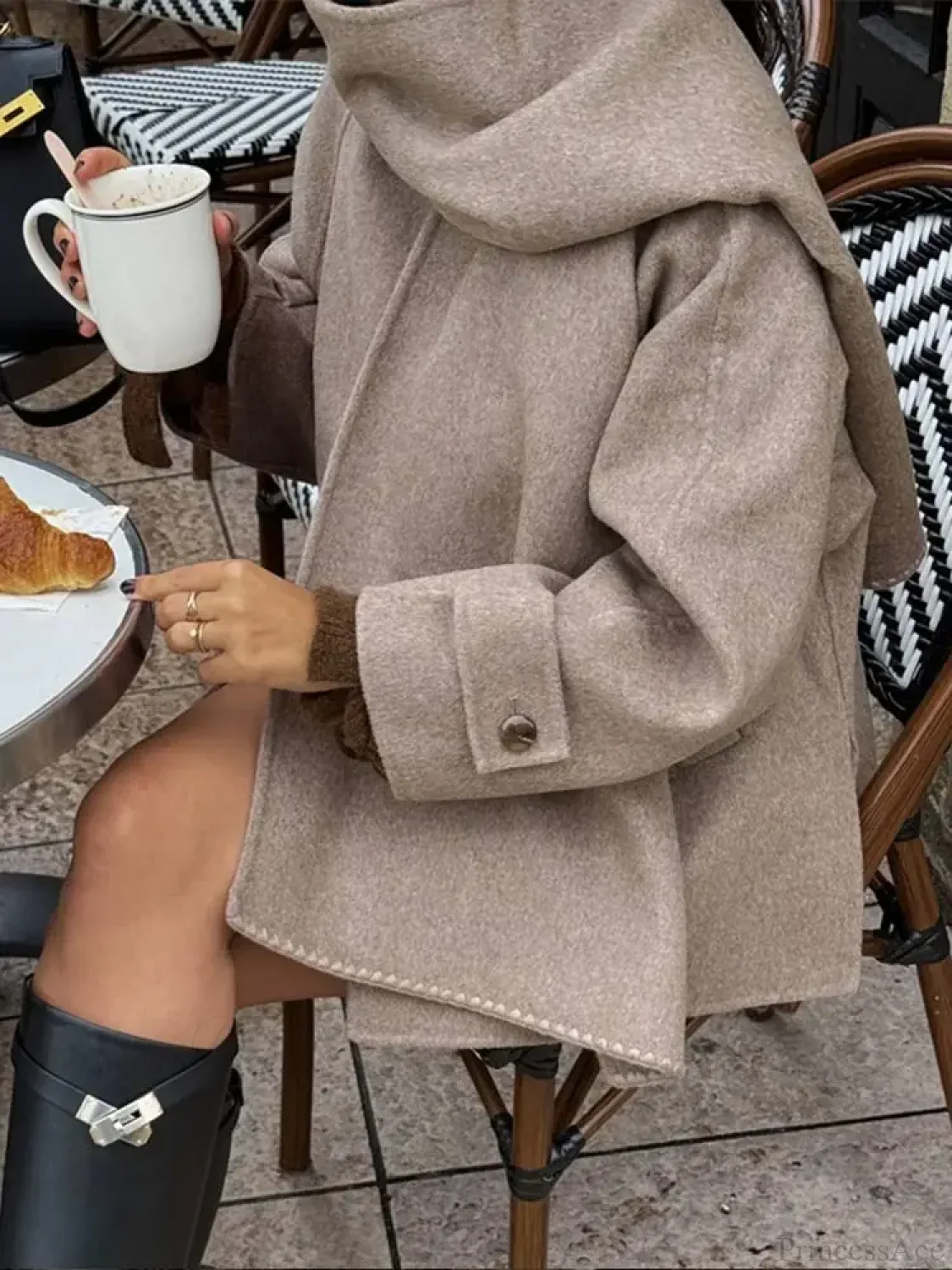 Scarf Collar Woolen Blends Short Coat - Image 3