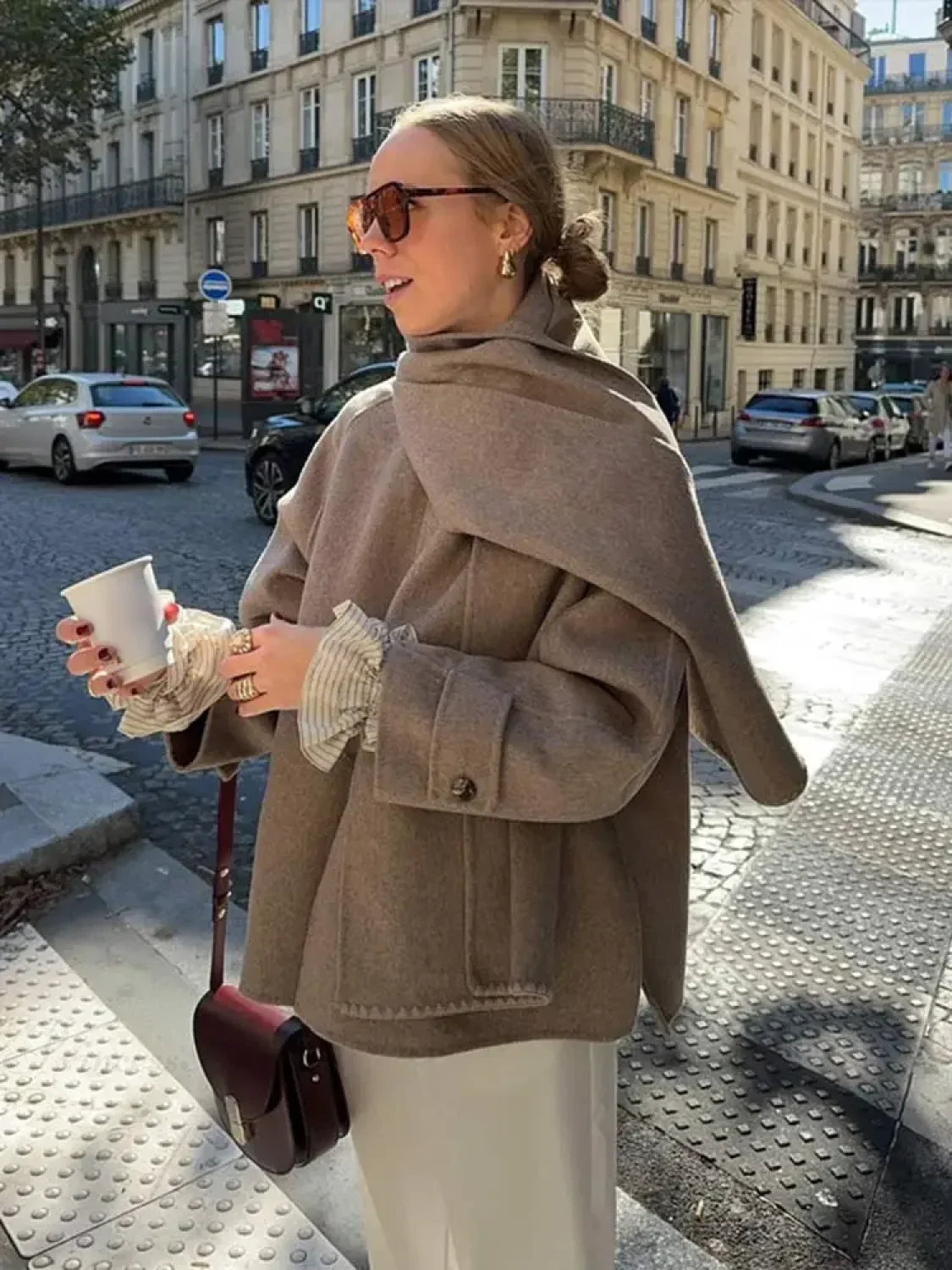 Scarf Collar Woolen Blends Short Coat - Image 6