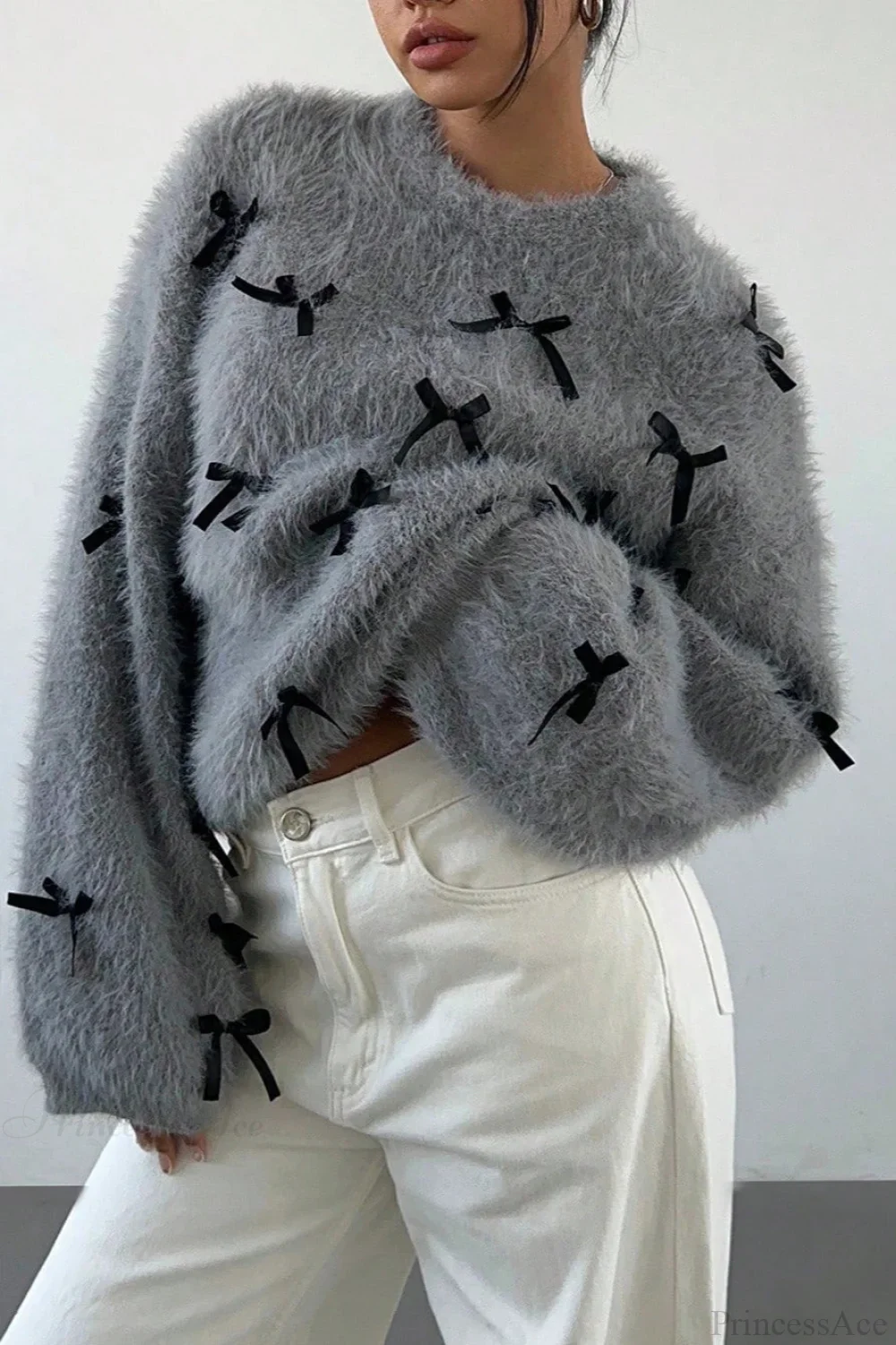 Seamoss Bow Decor Soft Crew Neck Loose Knit Sweater - Image 2
