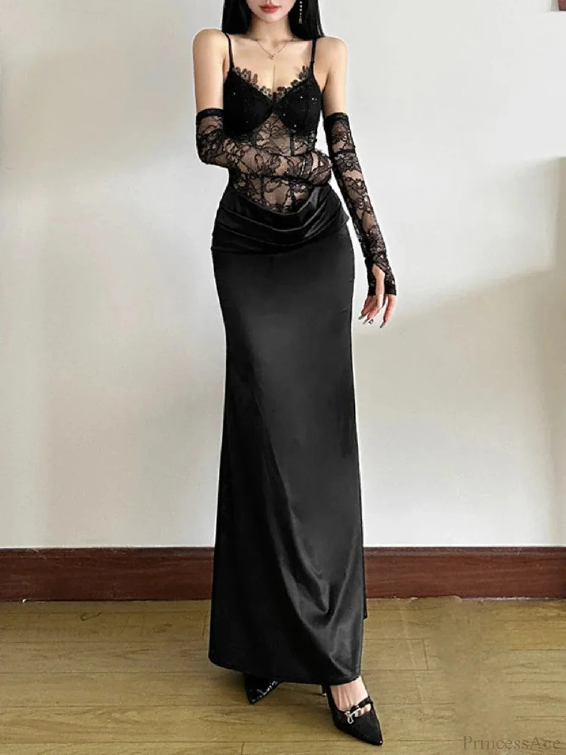 Seductive Bodice Lace Patchwork Elevated Waist Full-Length Dress - Image 2