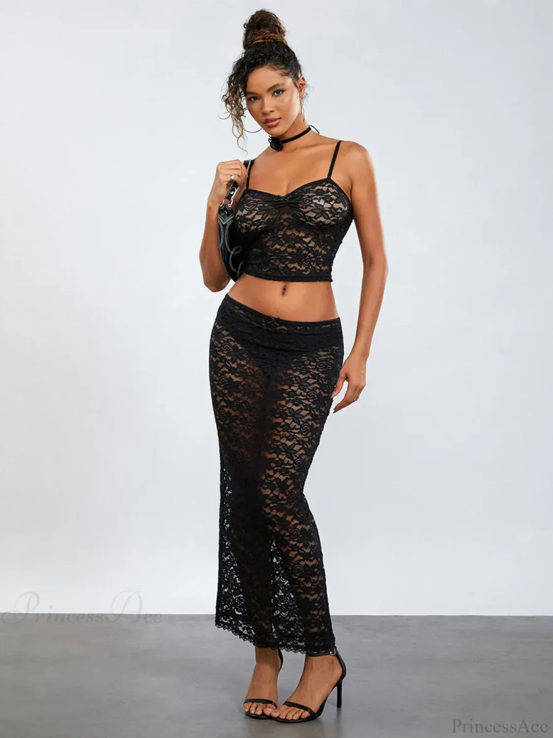 See-Through Black Lace Crochet Camis Crop Top Long Floral Skirt - Image 3