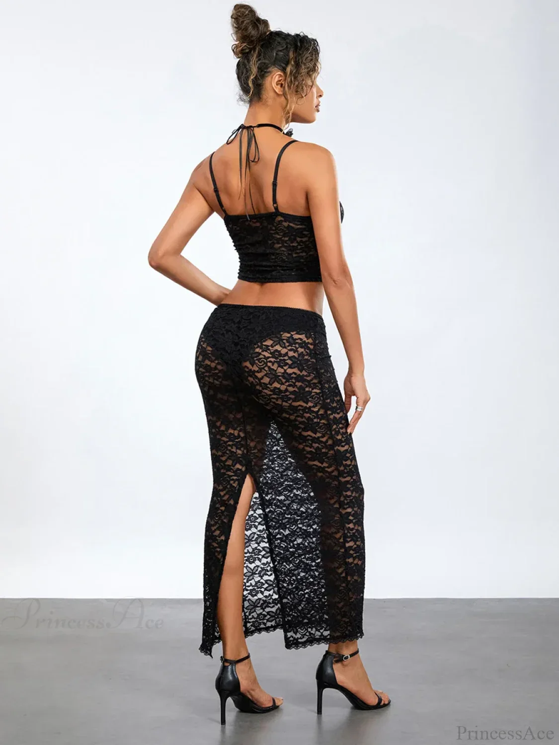See-Through Black Lace Crochet Camis Crop Top Long Floral Skirt - Image 4