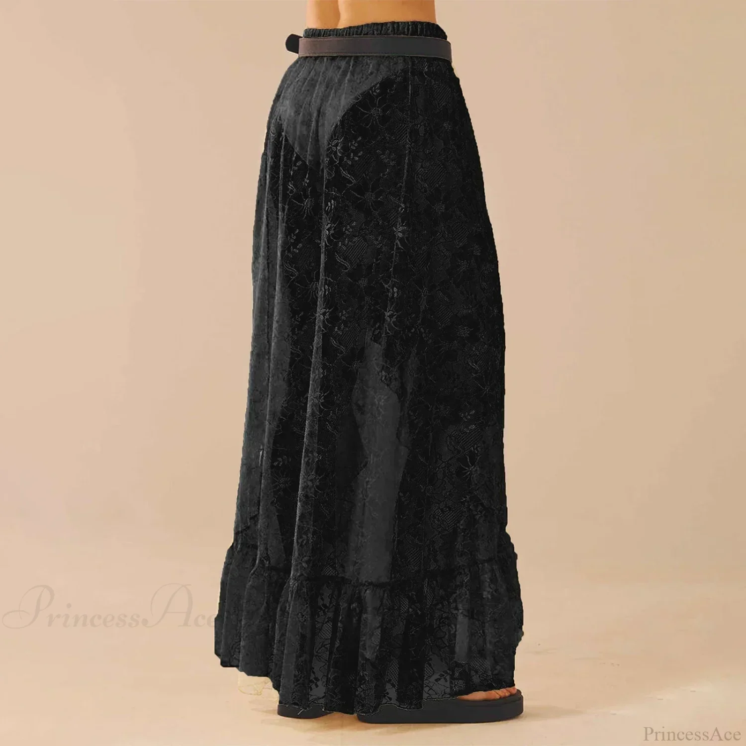 See Through Elastic High Waist Ruffle Asymmetrical Lace Skirt - Image 2