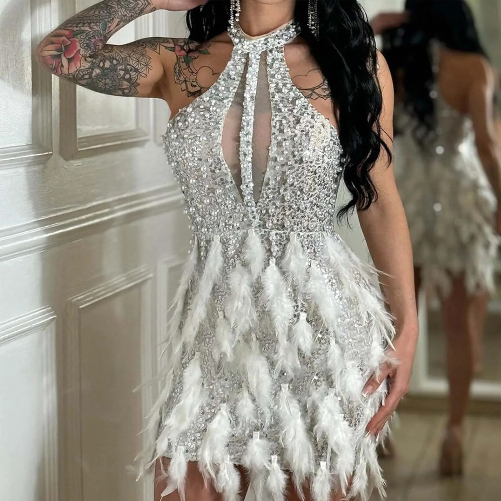 See Through Feather Bodycon Party Dress - Image 3