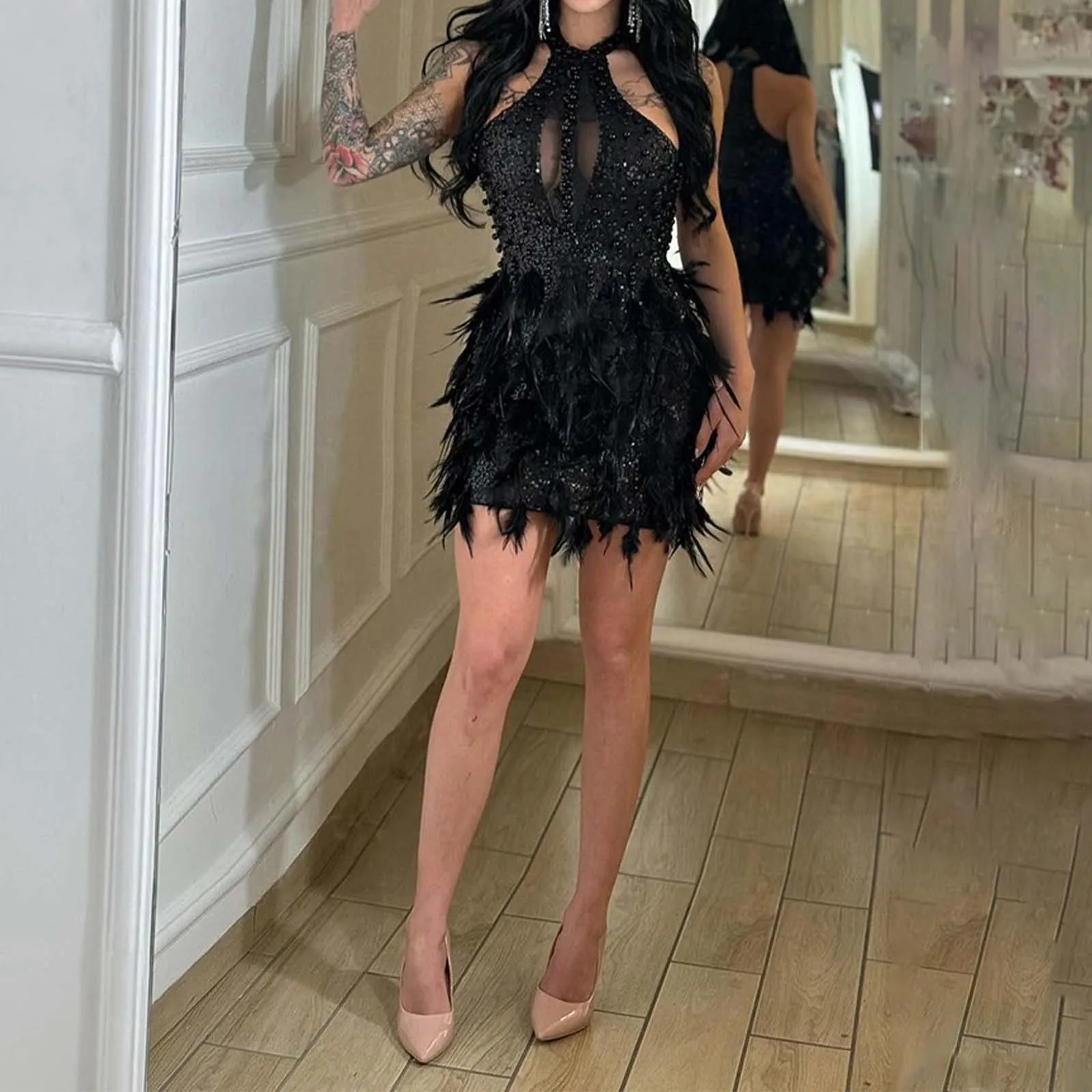 See Through Feather Bodycon Party Dress - Image 4