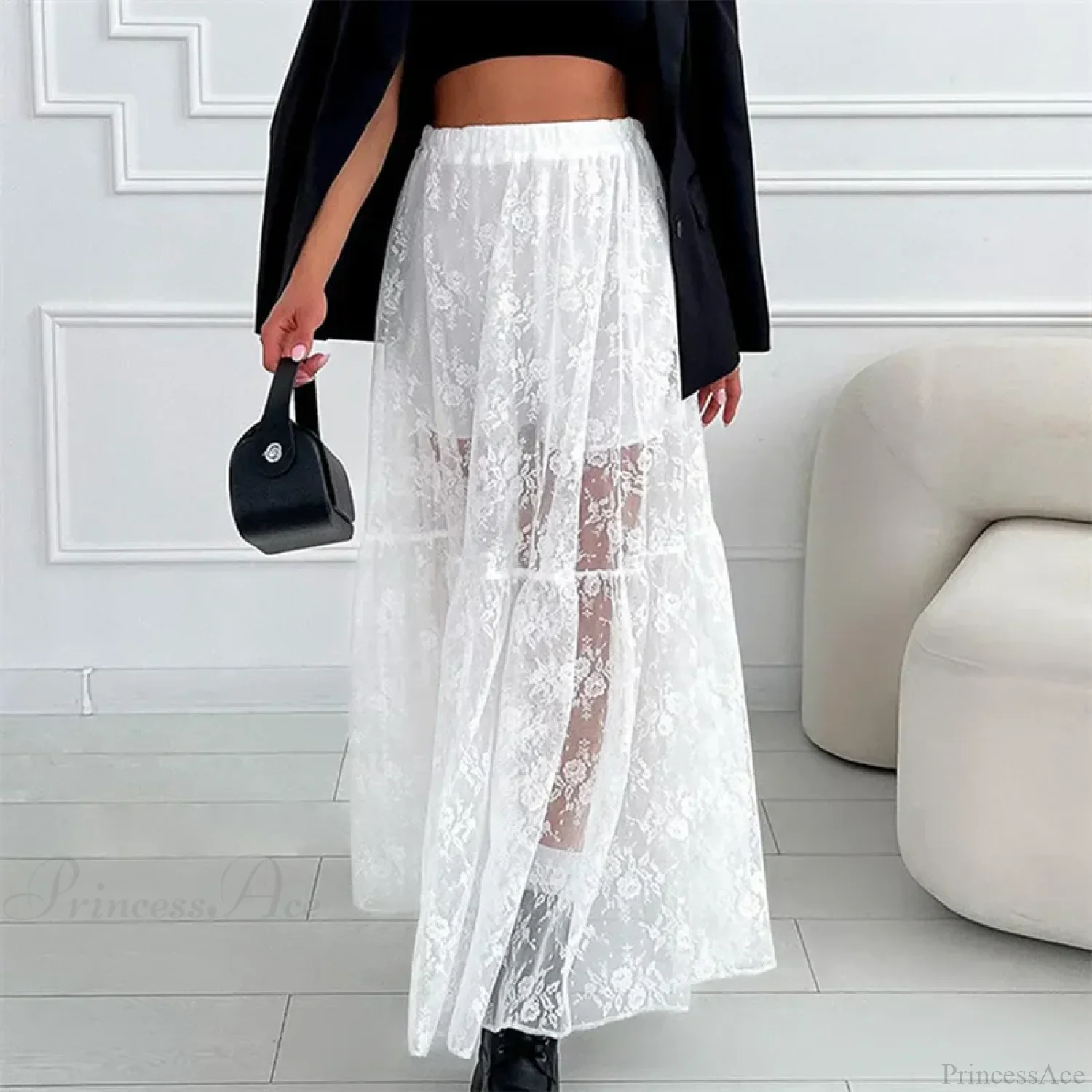 See Through Floral Lace Elastic High Waist A-Line Long Skirt Vacation Party - Image 2
