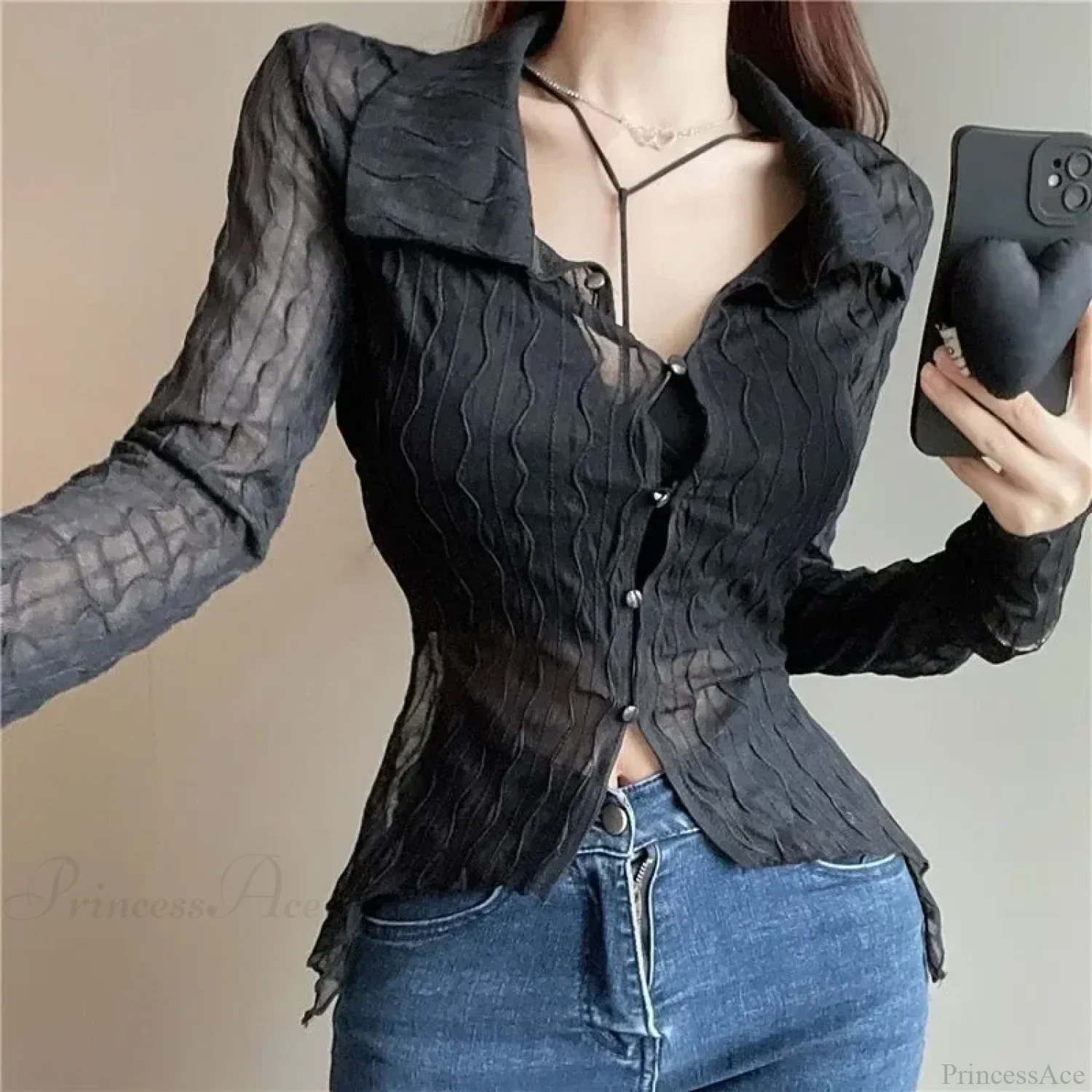 See Through Long Sleeve Turn-down Collar Blouse - Image 5