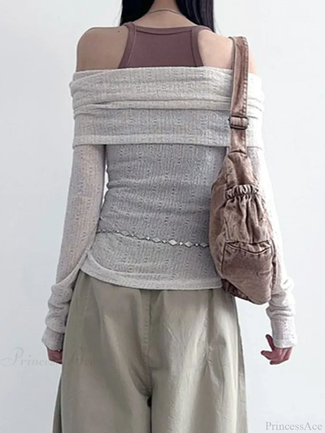See-Through Printed Slash Neck Long Sleeve Knit Top - Image 2