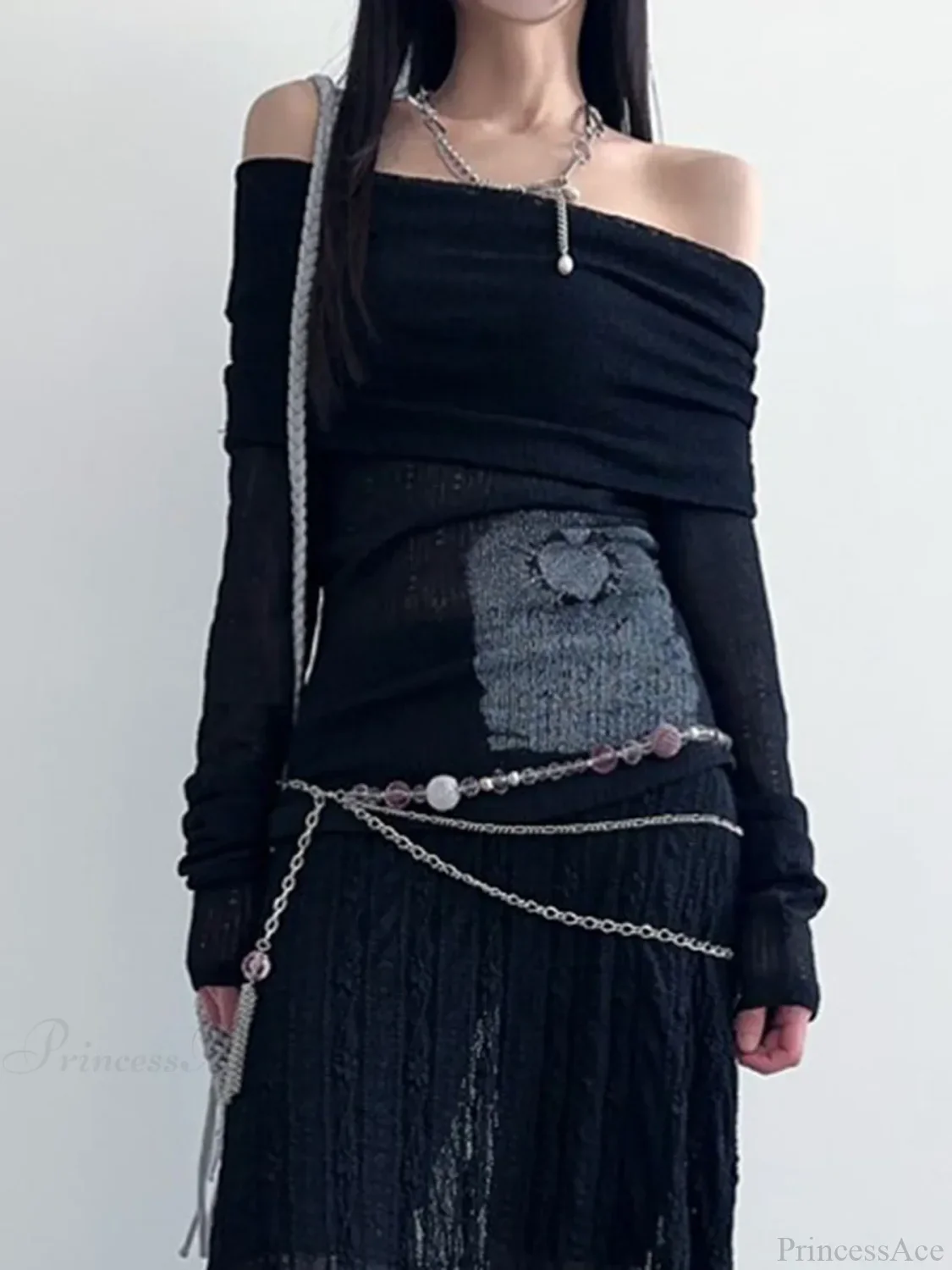 See-Through Printed Slash Neck Long Sleeve Knit Top - Image 3