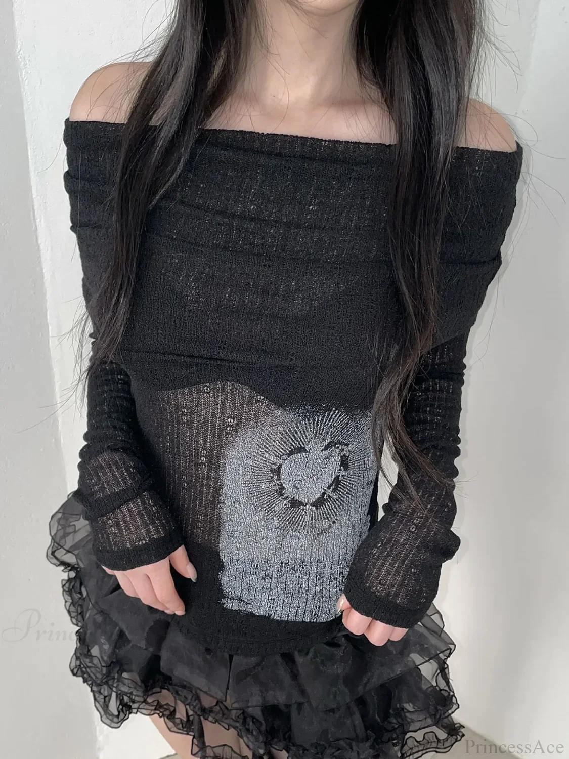 See-Through Printed Slash Neck Long Sleeve Knit Top - Image 4