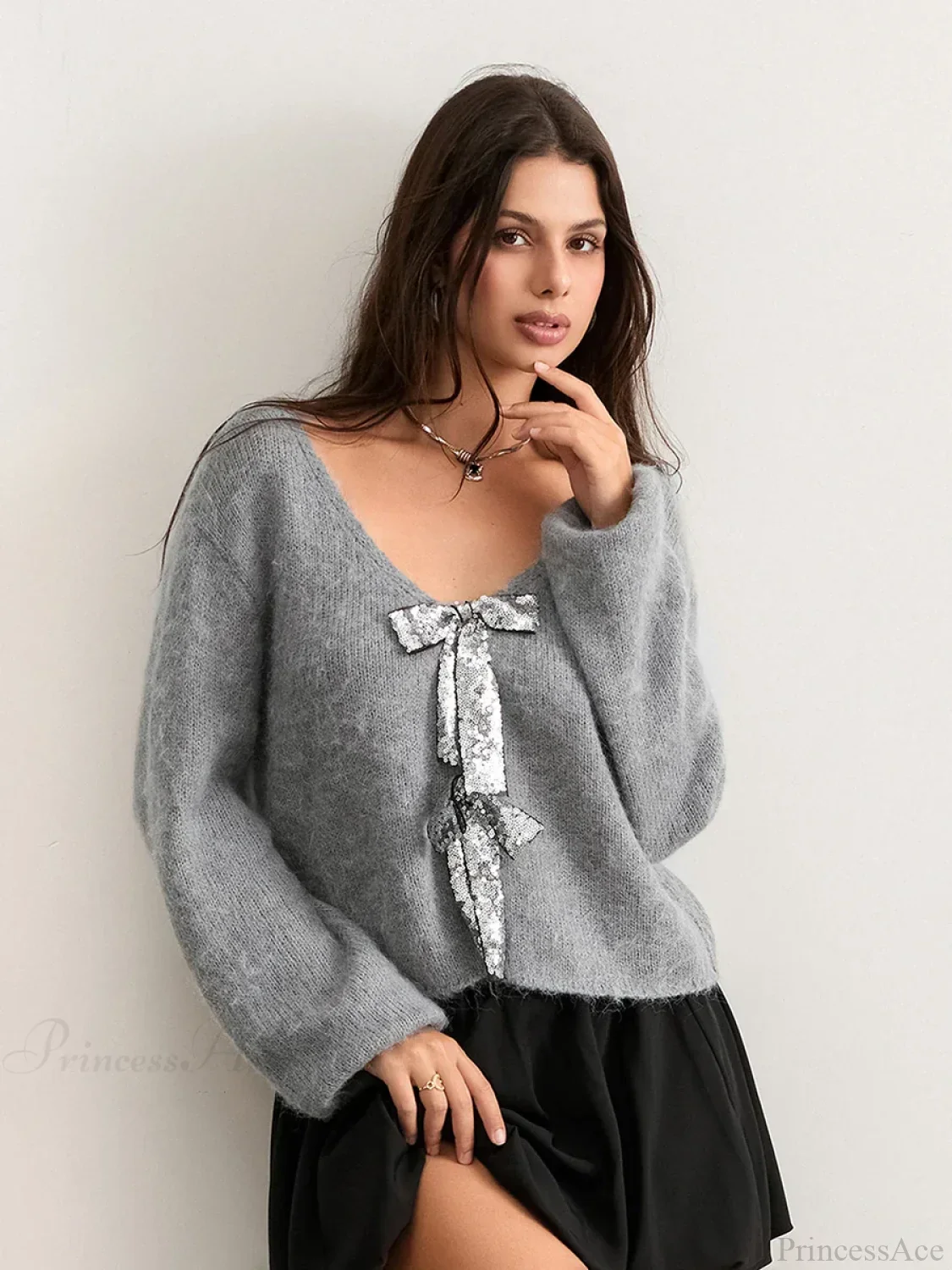 Sequin Bow Front Tie Loose V-neck Cardigan