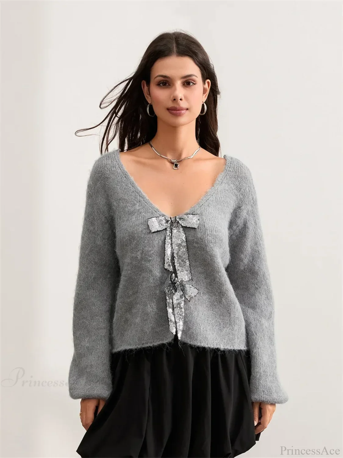 Sequin Bow Front Tie Loose V-neck Cardigan - Image 2