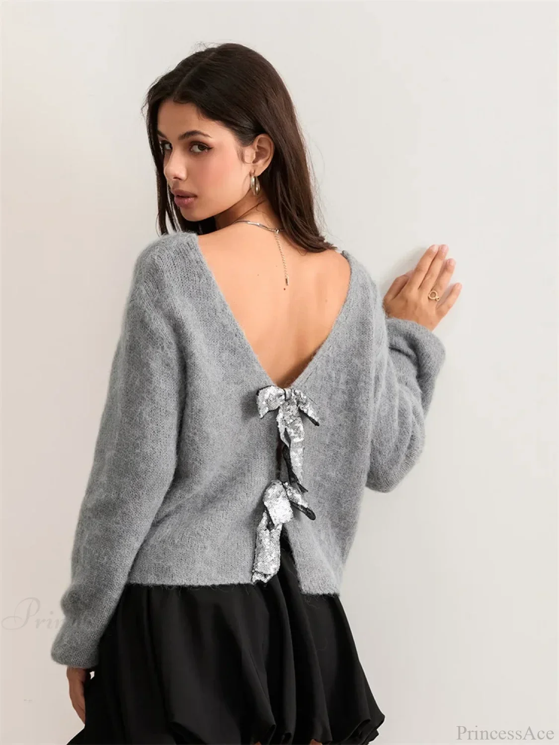 Sequin Bow Front Tie Loose V-neck Cardigan - Image 4