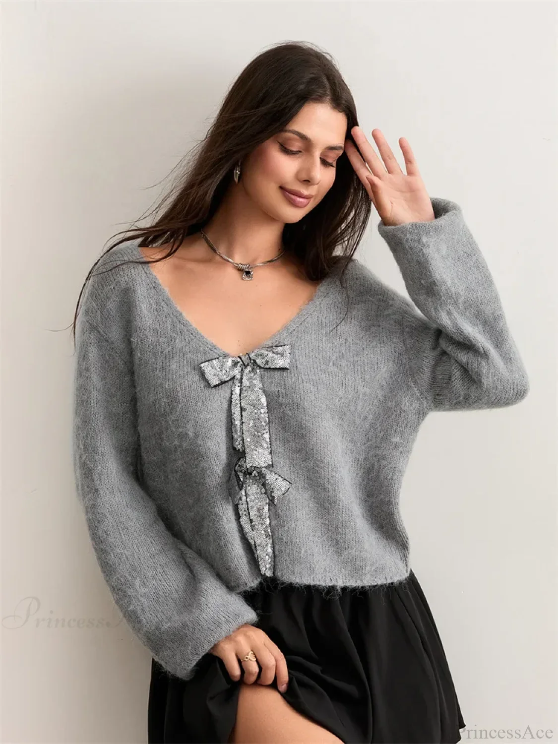 Sequin Bow Front Tie Loose V-neck Cardigan - Image 5