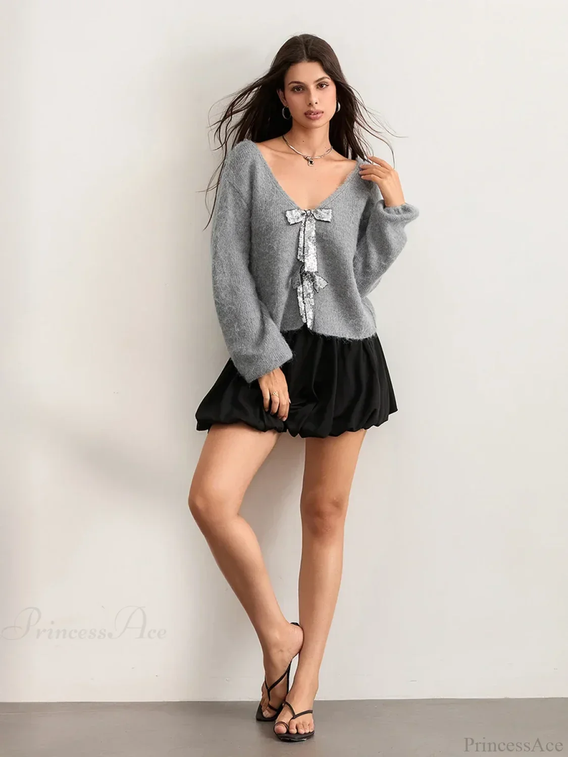 Sequin Bow Front Tie Loose V-neck Cardigan - Image 6
