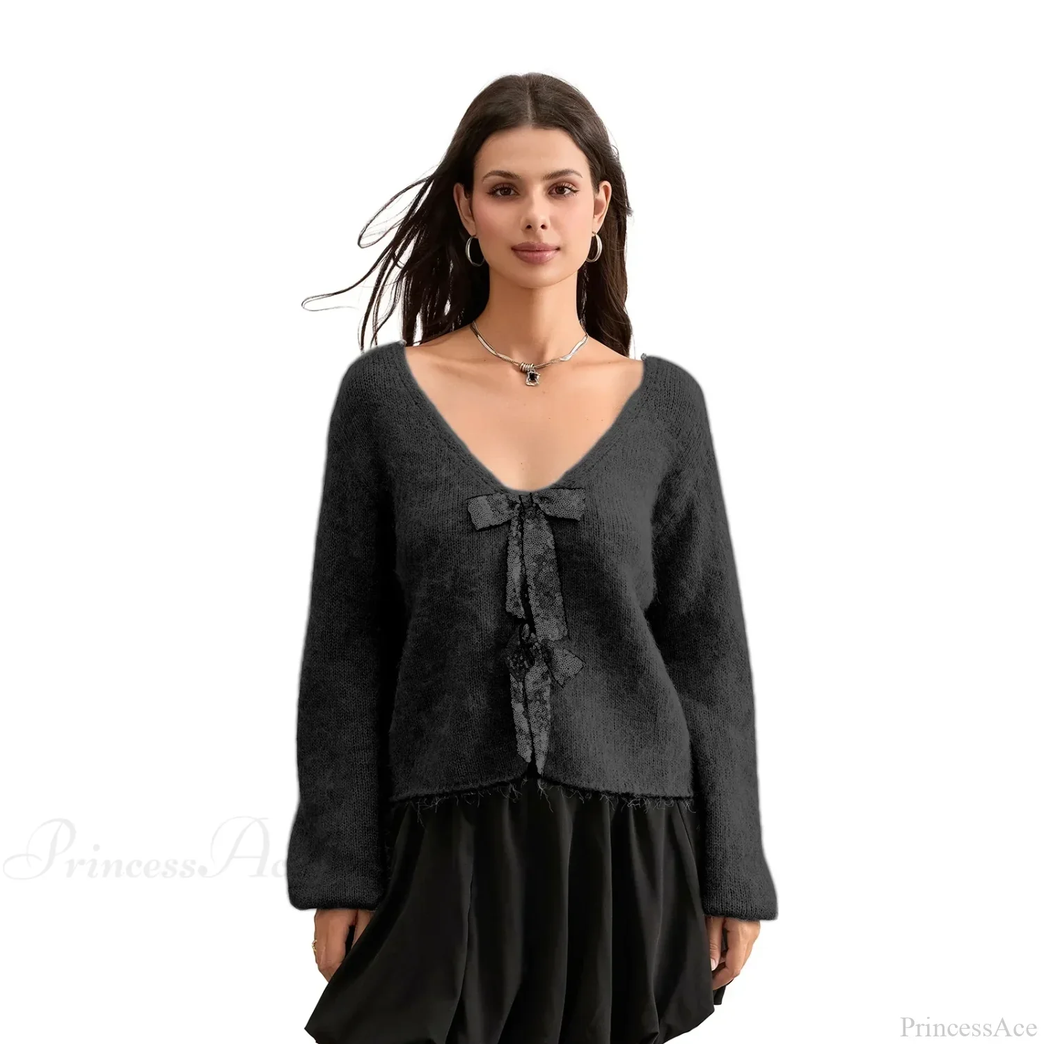 Sequin Bow Front Tie Loose V-neck Cardigan - Image 7