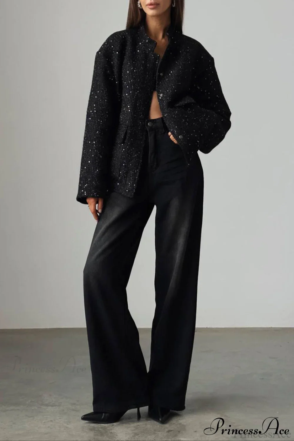 Sequin Metallic Stand Collar Loose Fashion Coat - Image 8