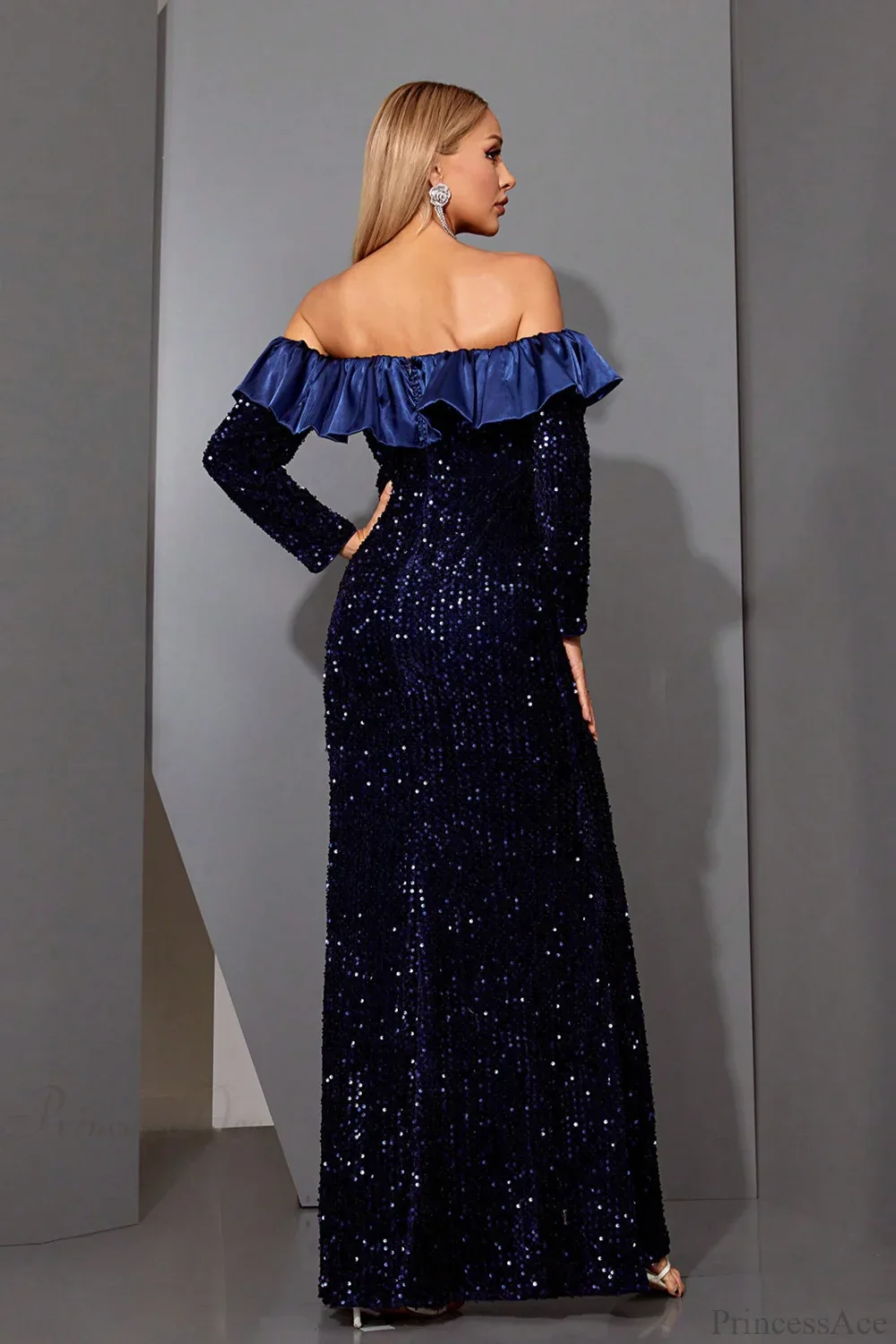 Sequin Off-the-Shoulder Long Sleeve Fitted Mermaid Evening Dress - Image 4