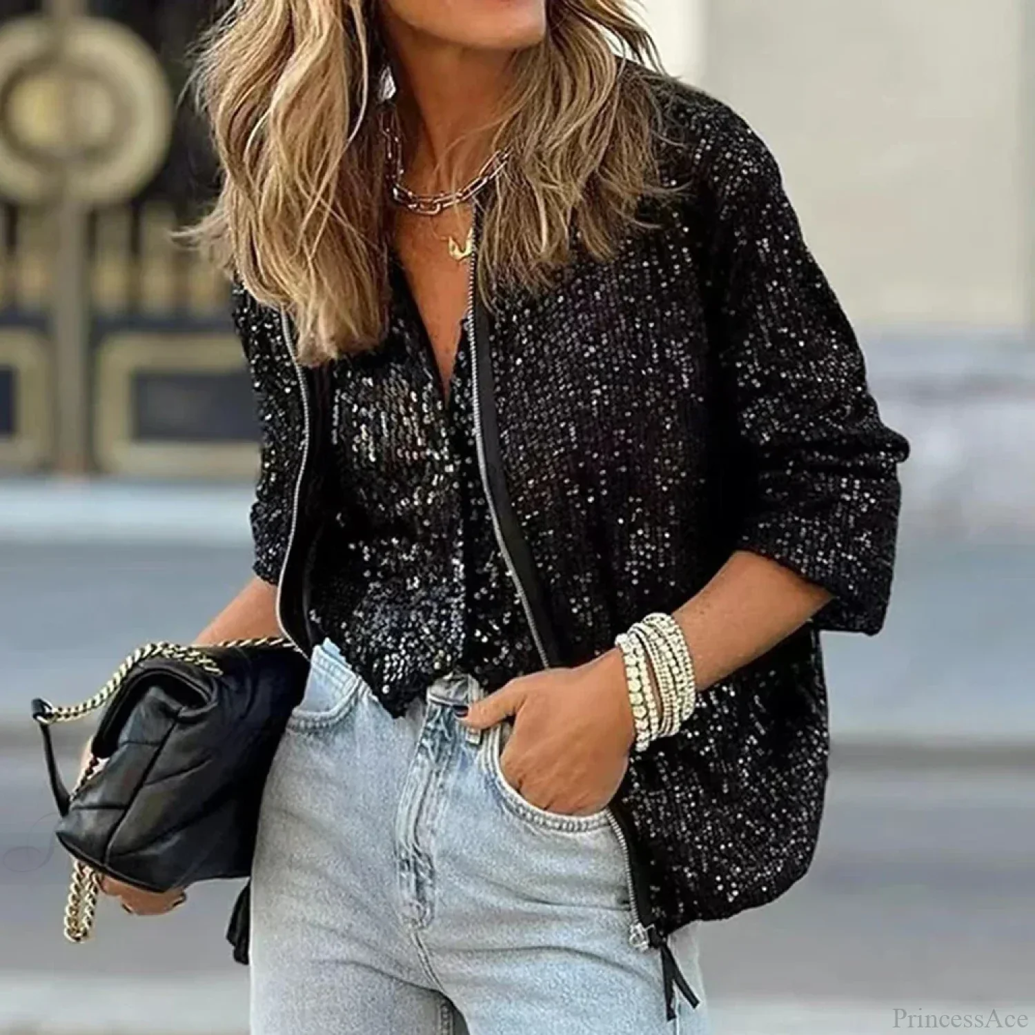 Sequin Shiny Slim Fit Zipper Party Cardigan - Image 5