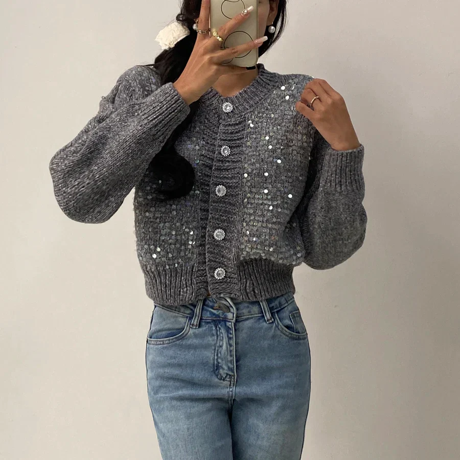 Sequined Knit Long Sleeve Cardigan - Image 6