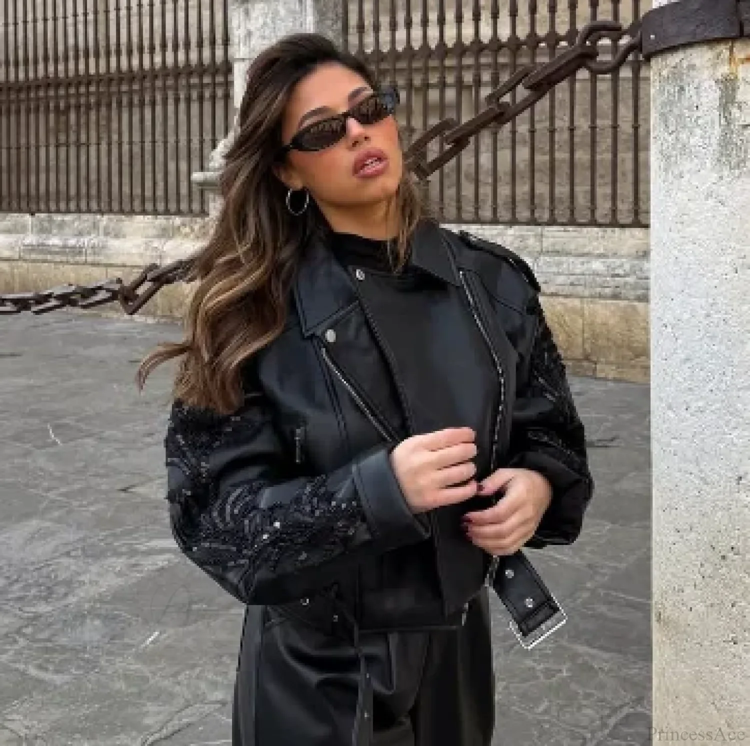 Sequins Shiny Belted Leather Coat - Image 7