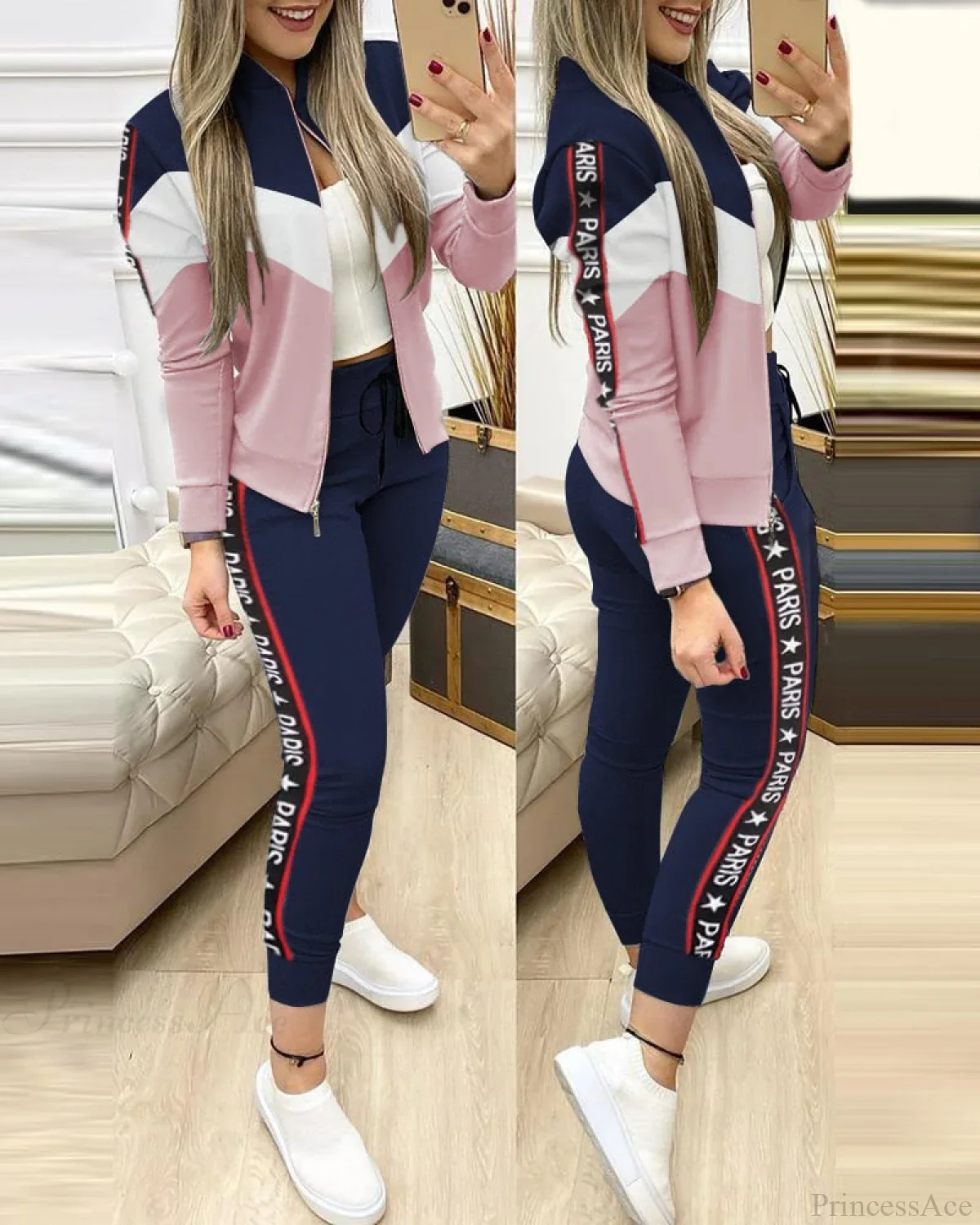 Zipper Pants Jacket Fashion 2 Piece Sports Set