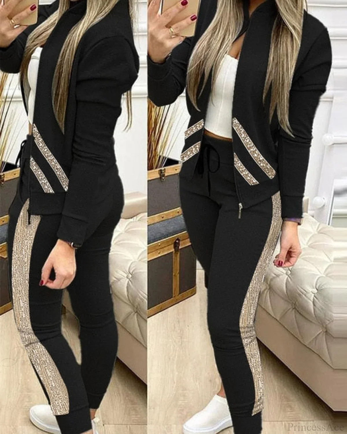 Zipper Pants Jacket Fashion 2 Piece Sports Set - Image 4