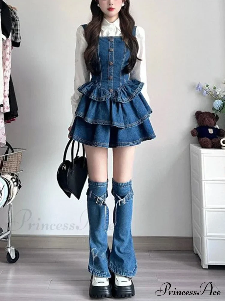 Set Y2k Vintage Sleeveless Korean Camisole Women Jean Autumn Piece Mini 3 Gown Slim Denim Fashion Clothing Gown 2024