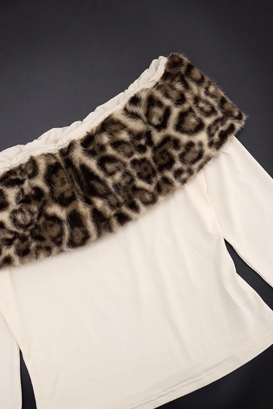 Sexy Asymmetric Fuzzy Off Shoulder Long Sleeve Tee - Image 6