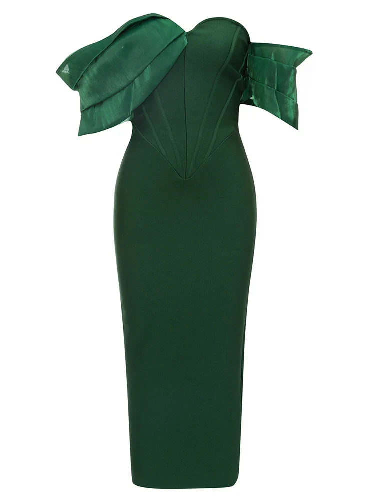 Sexy Asymmetric Sleeves Off Shoulder Bandage Green Slash Neck Party Dress - Image 7