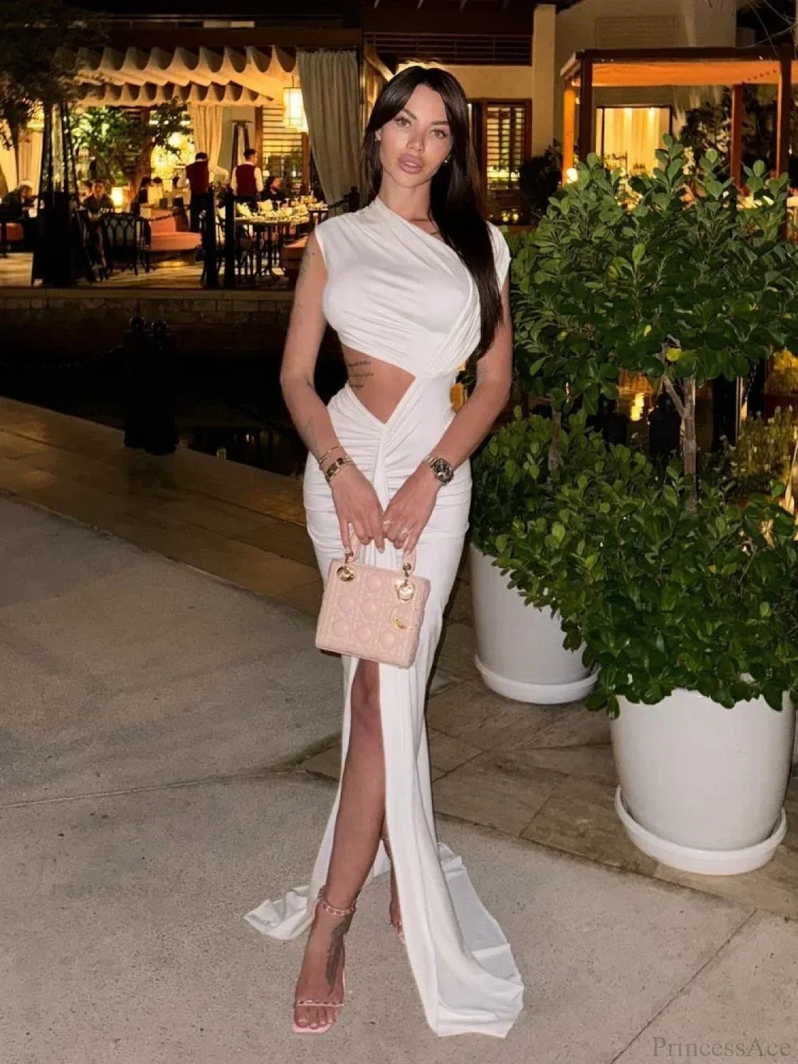 Sexy Asymmetrical Neck Hollow Out White Sleeveless Split Ruched Party Dress - Image 4