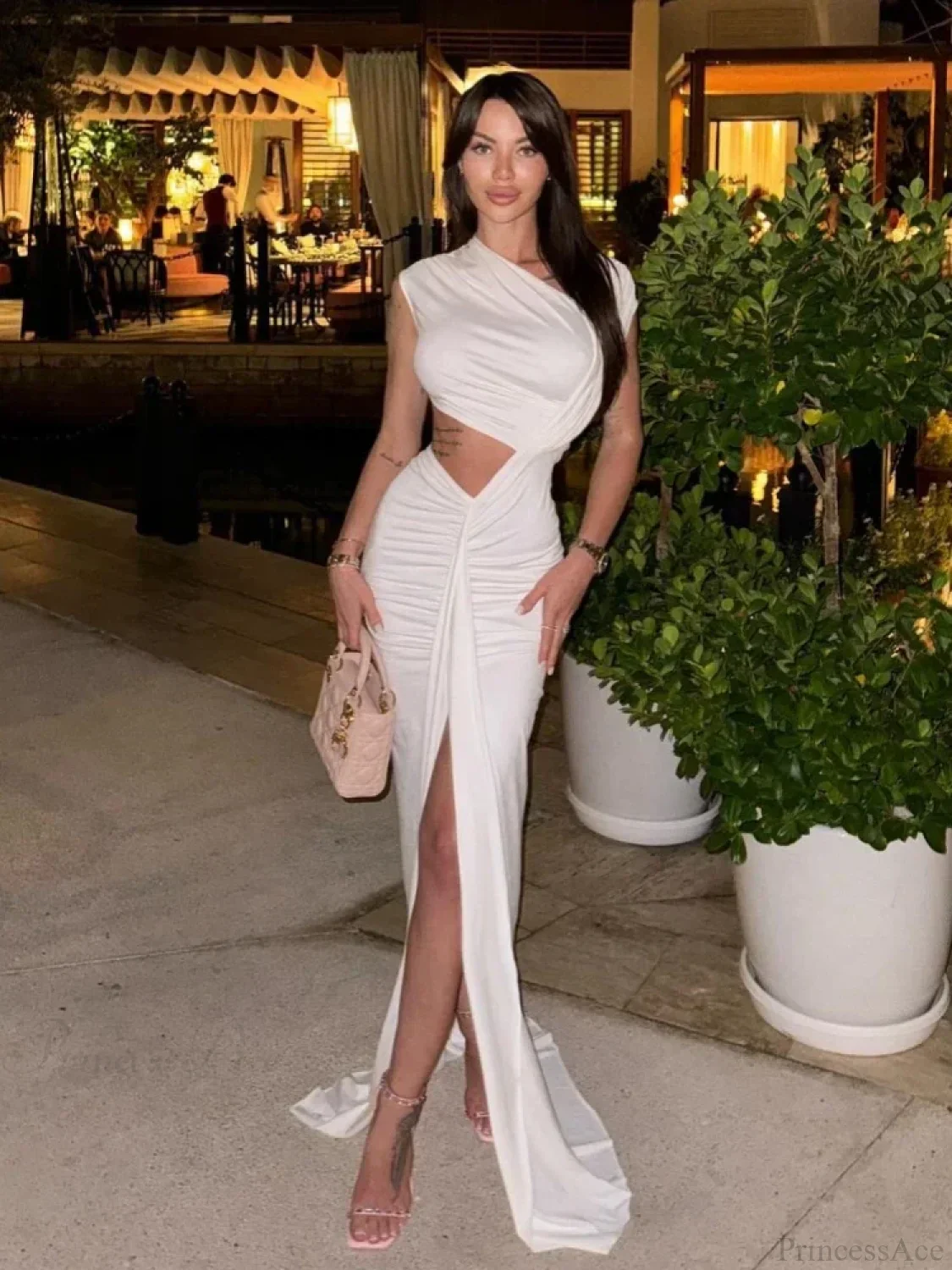 Sexy Asymmetrical Neck Hollow Out White Sleeveless Split Ruched Party Dress - Image 5