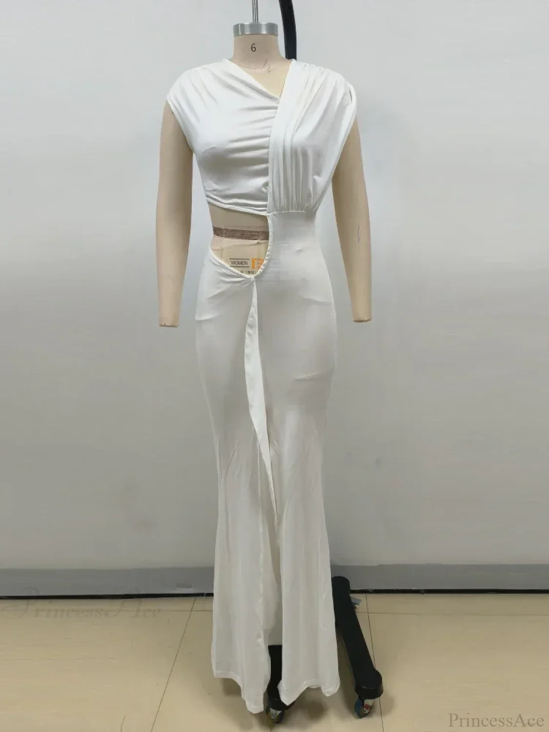 Sexy Asymmetrical Neck Hollow Out White Sleeveless Split Ruched Party Dress - Image 7