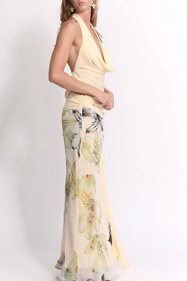 Sexy Backless Halter Top Slim Printed Maxi Skirt Set - Image 7